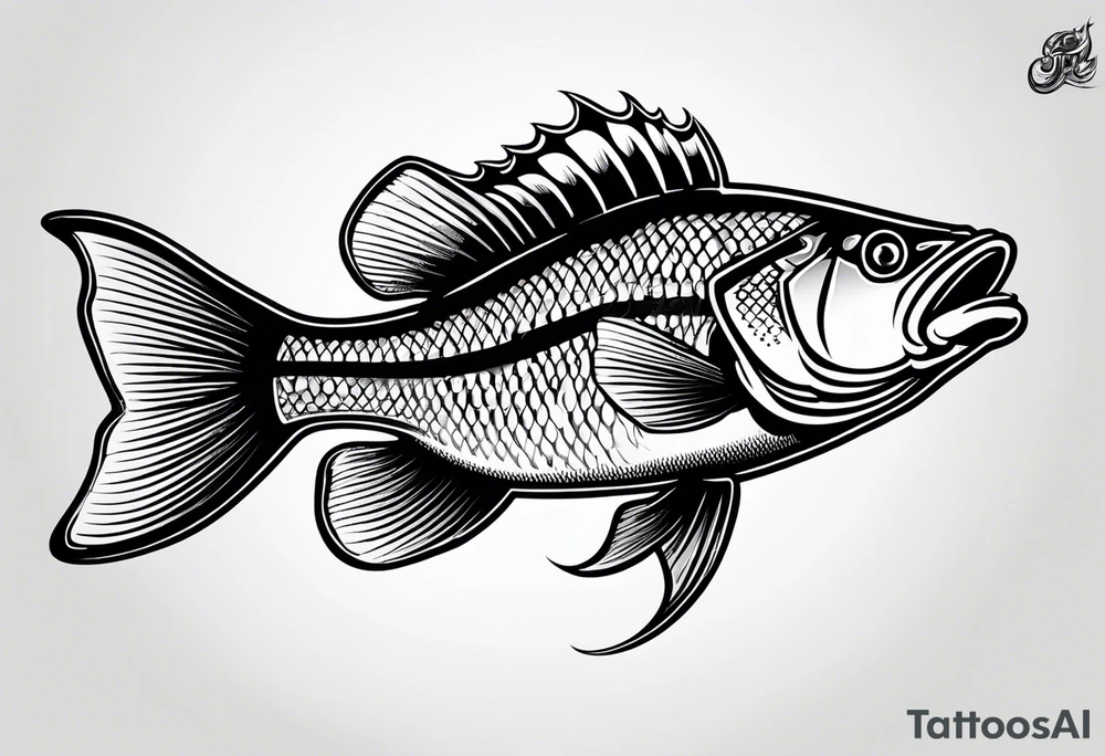 tribal bass fish, its tail turns into a fishing hook tattoo idea