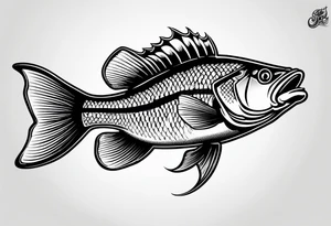tribal bass fish, its tail turns into a fishing hook tattoo idea