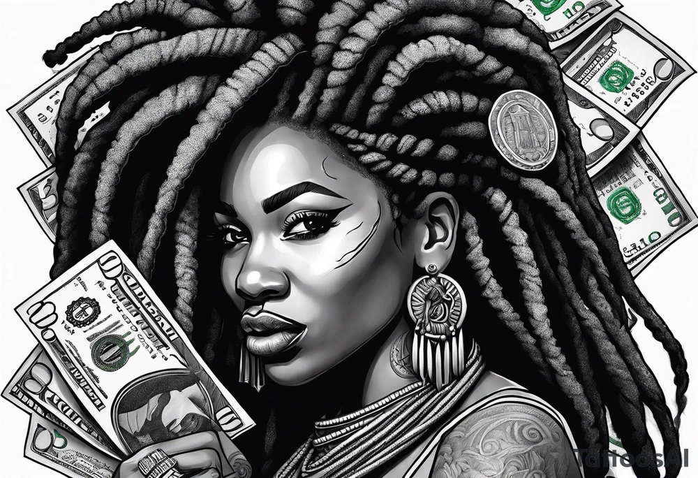 African woman with dreads medusa biting money tattoo idea