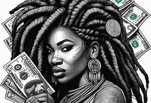 African woman with dreads medusa biting money tattoo idea