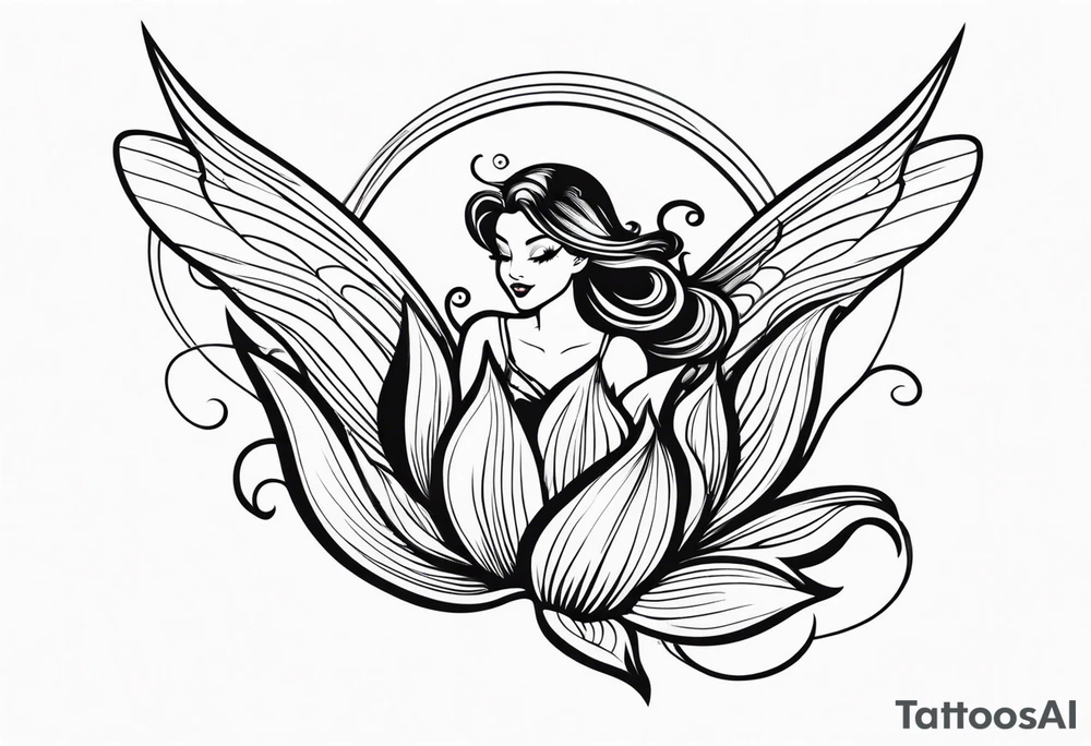 a fairy flying into a tulip tattoo idea