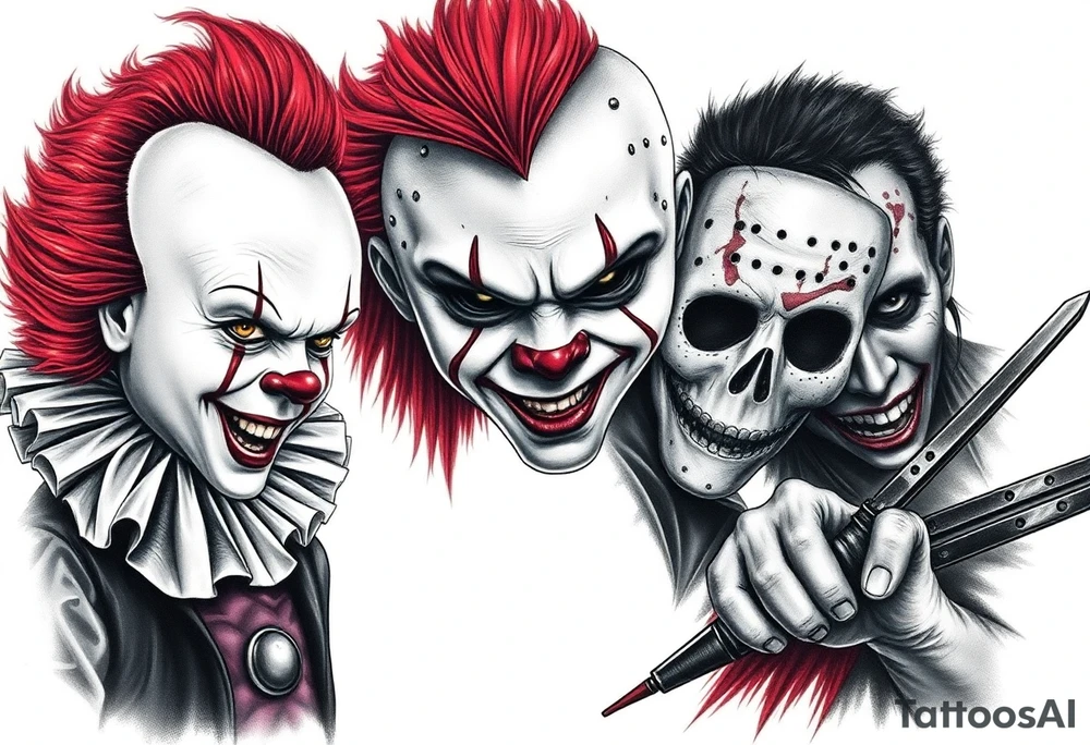 Pennywise, Freddy Krueger, Michael Meyers, jason voorhees, and chucky tattoo idea