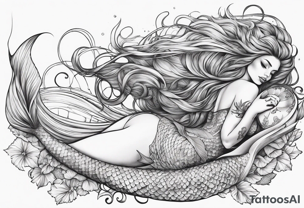 mermaid lying on her back with flowing hair and fan tail tattoo idea