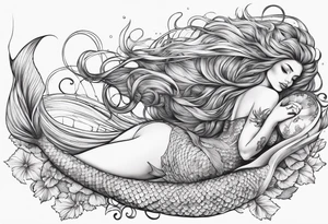 mermaid lying on her back with flowing hair and fan tail tattoo idea