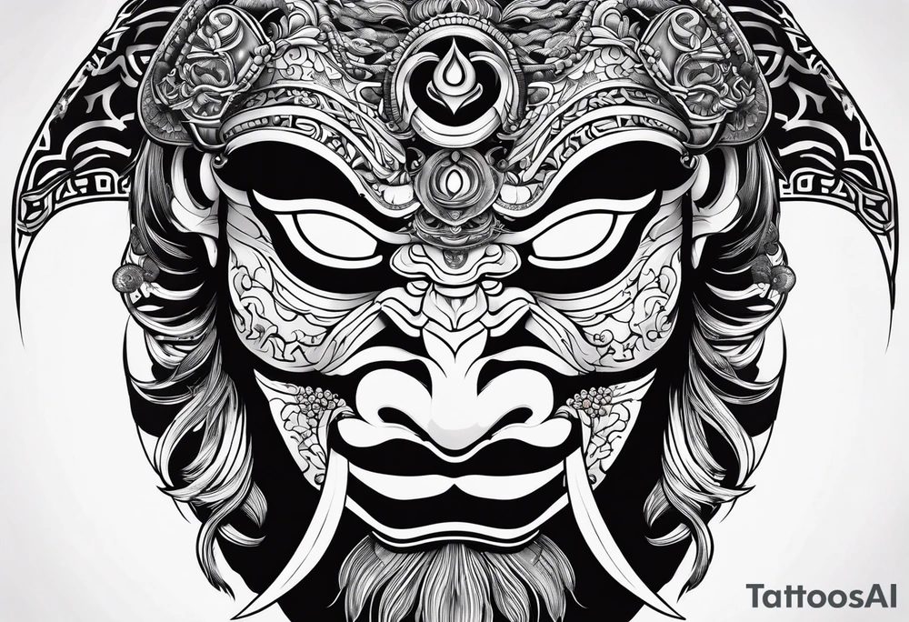 Japenese henya mask black tusk tattoo idea