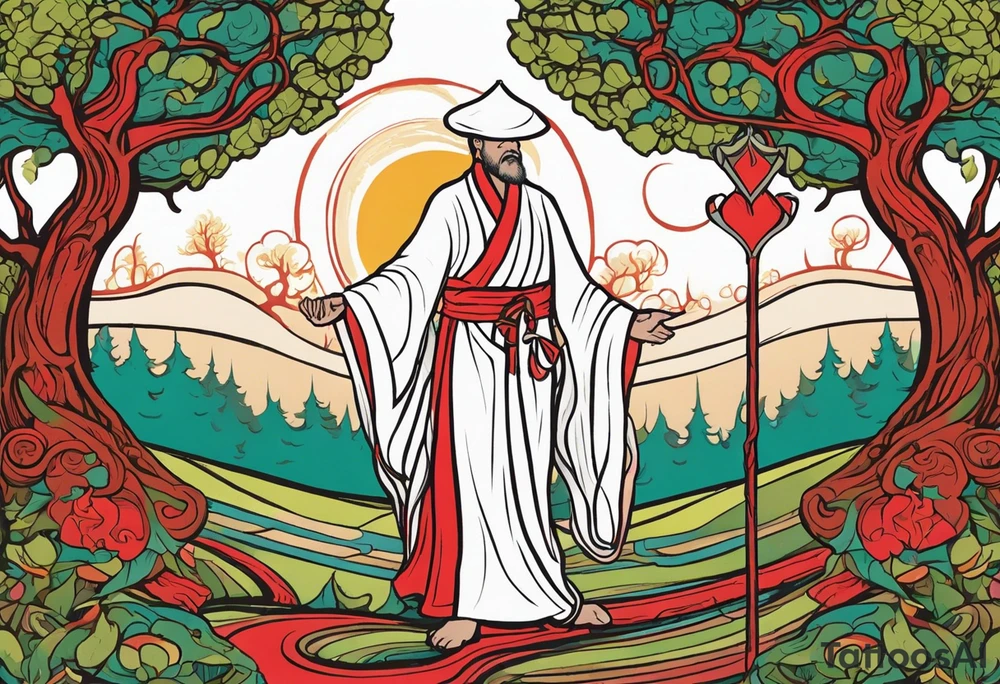Three of bows.  Robed man in white. Right hand up. Left hand holding a bow. A one red and one white snake intertwining going up the front of the robe. Large oak tree behind him. And two paths going around him and the tree. tattoo idea