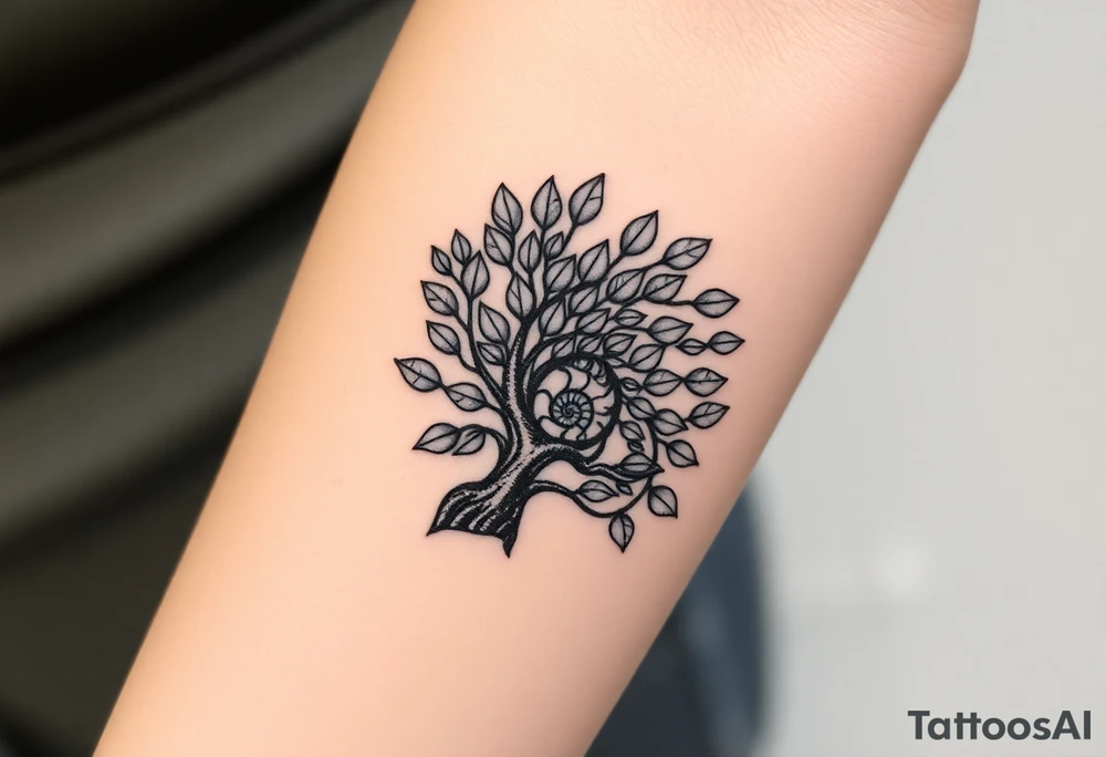Fibonacci spiral shell inside of tree full of lots of leaves tattoo idea