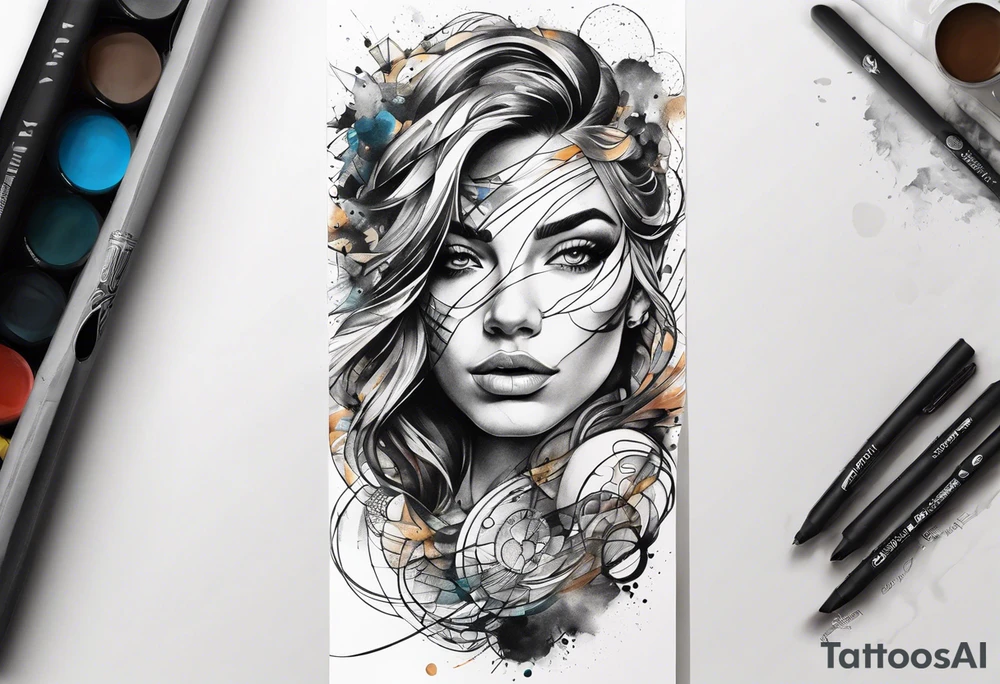 flowing abstract large forearm tattoo with lines, splatters, circles tattoo idea