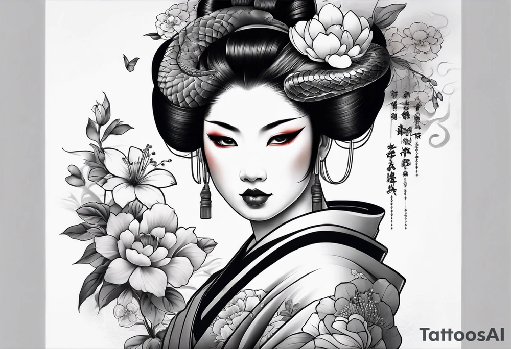 High contrast black and grey Japanese full arm tattoo, geisha on upper arm and snake with flowers going down the forearm imagine tattoo idea