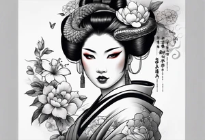High contrast black and grey Japanese full arm tattoo, geisha on upper arm and snake with flowers going down the forearm imagine tattoo idea