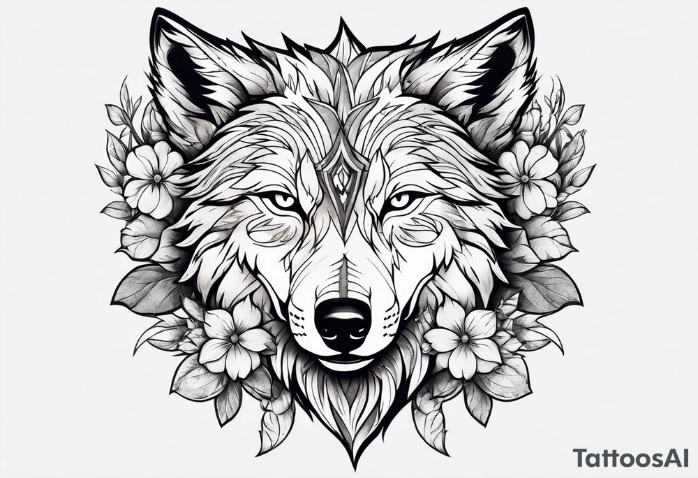 Wolf head with flowers tattoo idea