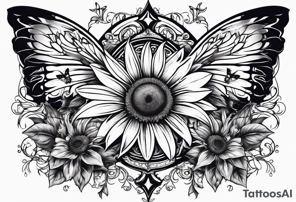 Winged cross with sunflower and butterflies tattoo idea