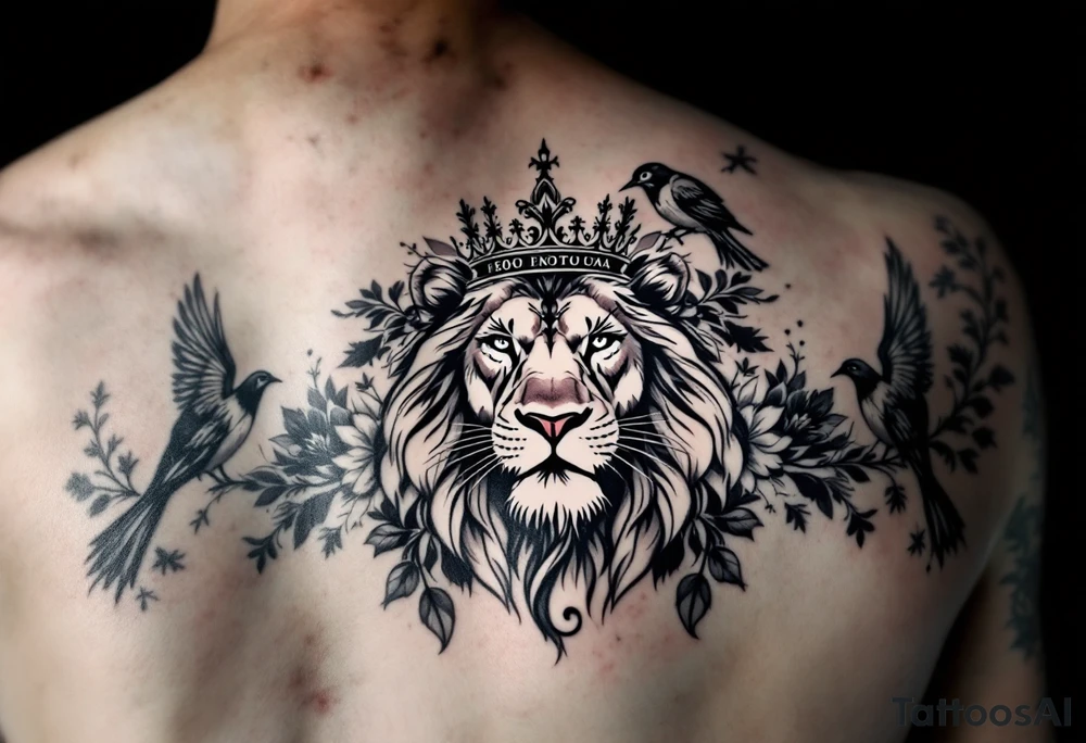 powerful majestic lion with a crown, surrounded by floral ornaments and birds tattoo idea