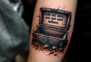 "Kde nic neni, ani cert nebere." — An empty treasure chest surrounded by scorched earth in black and rust tones, the quote carved into its lid. tattoo idea