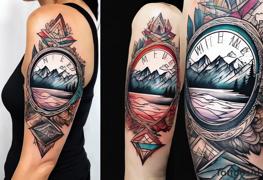 Feminine adventure, mountain scape, compass, cover-up tattoo idea