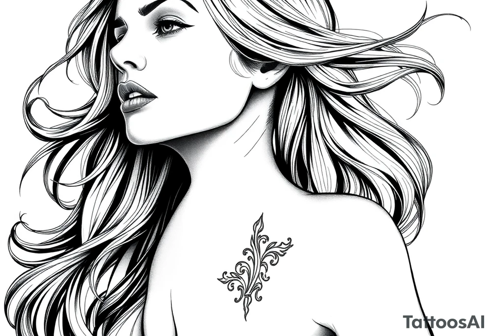 Create a captivating black and white illustration featuring a woman with flowing hair, inspired by the style of Martine Johanna. Incorporate detailed engraving elements reminiscent of Joe Madureira and John Larriva's work, adding a touch of intricacy and depth to the artwork. Infuse influences from Chicano art to bring a unique cultural flair to the composition.

Focus on depicting the woman with realistic yet romantic features, emphasizing her graceful posture and the movement of her flowing tattoo idea