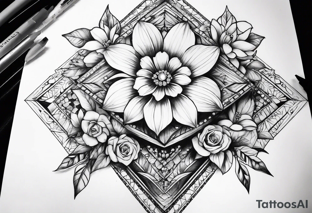 Big diamonds and flowers more diamonds tattoo idea