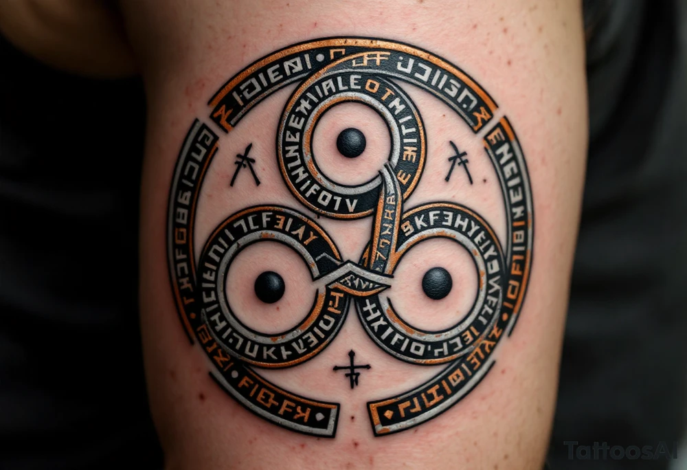 A heavy, Viking-style triskelion spirals with a weathered iron or bronze texture, detailed with runes and Norse knotwork. Dark silver, deep copper, and black shading create a rugged, ancient look, symbolizing strength, resilience, and fate. tattoo idea