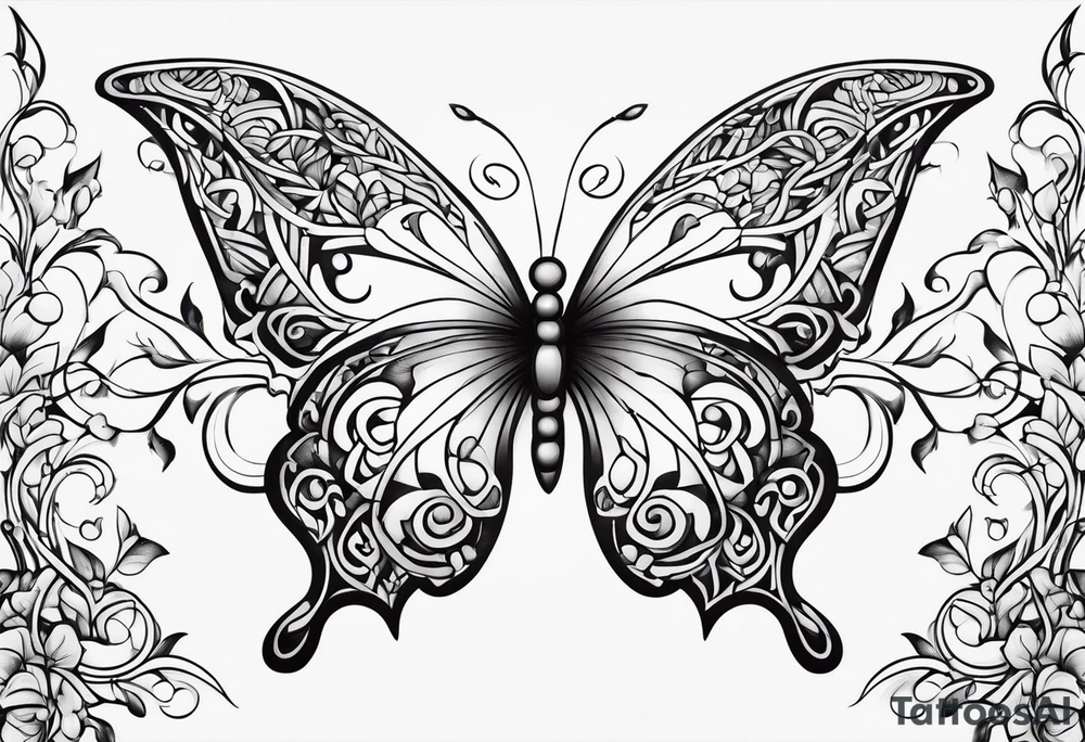 Number 444 intertwine  butterfly and vines tattoo idea