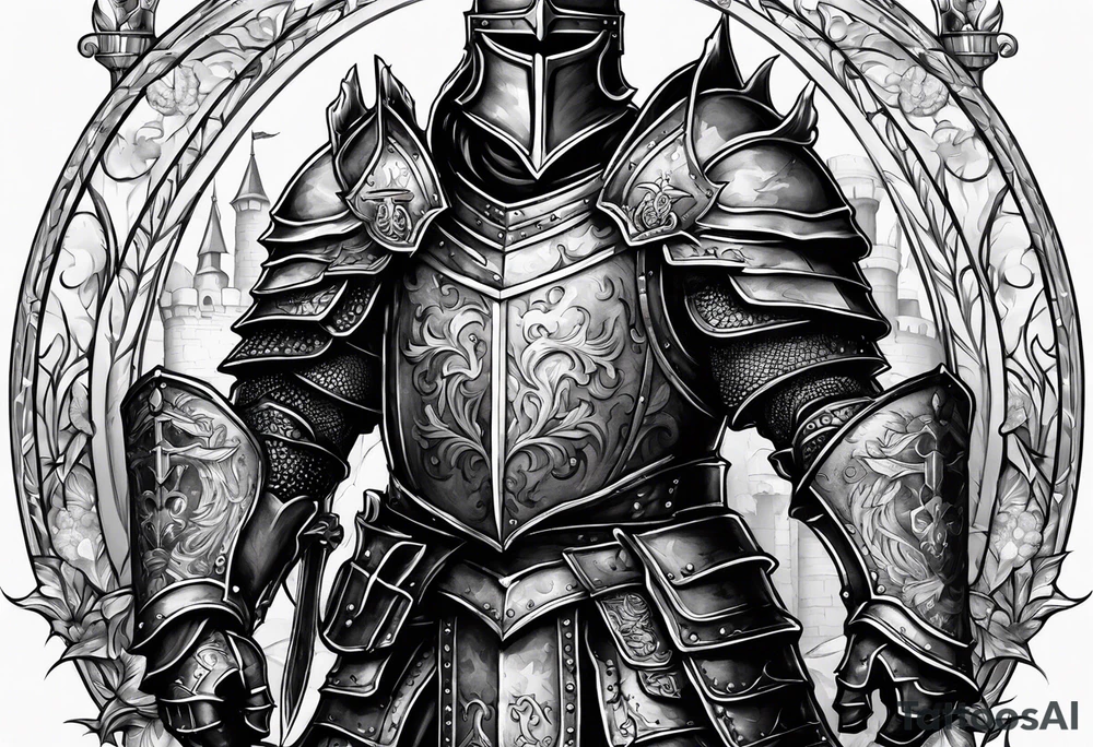 knight with heavy armor  and castle tattoo idea