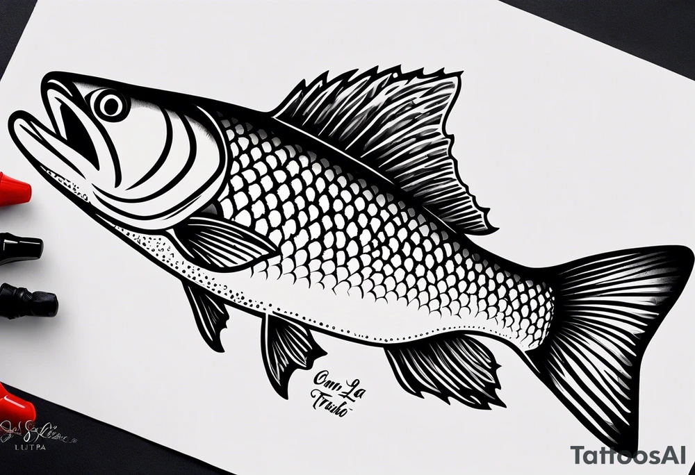 A small tattoo with a shaded trout and text that says, 'Como la trucha...' drawn with fine lines." tattoo idea
