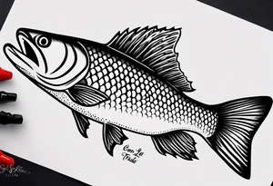 A small tattoo with a shaded trout and text that says, 'Como la trucha...' drawn with fine lines." tattoo idea