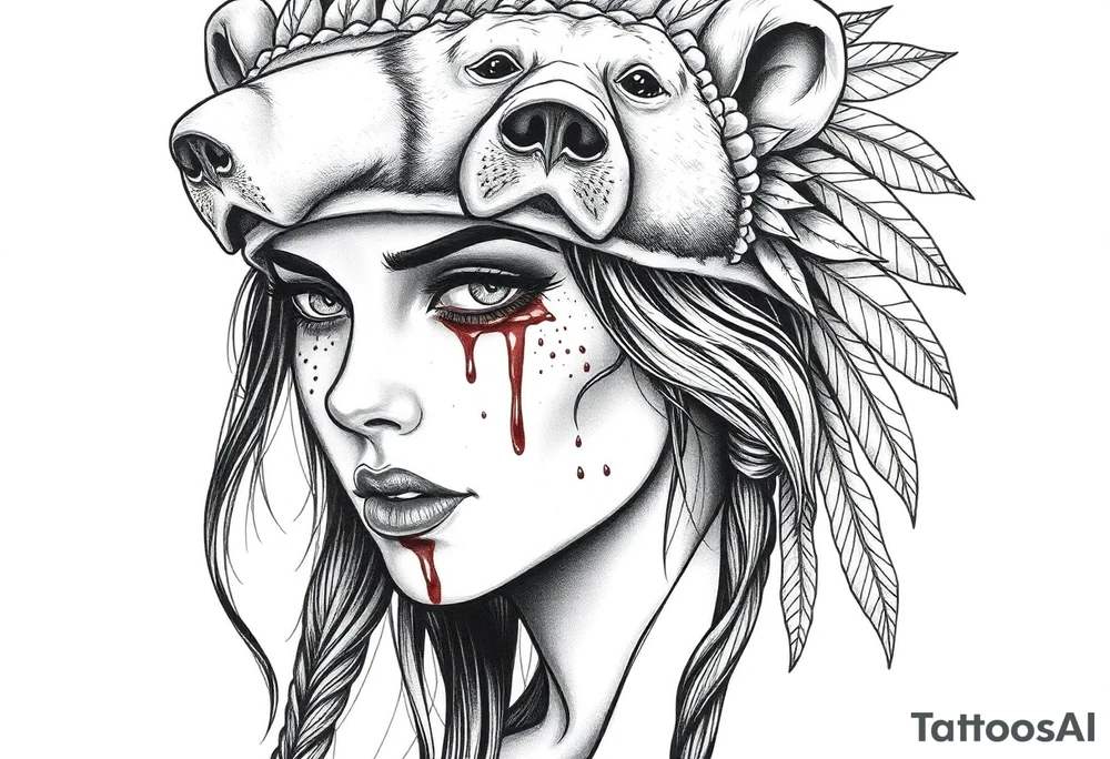 Beautiful Womans shedding a tear, with battle scars and blood on face, wearing a mean looking bear headdress on head tattoo idea