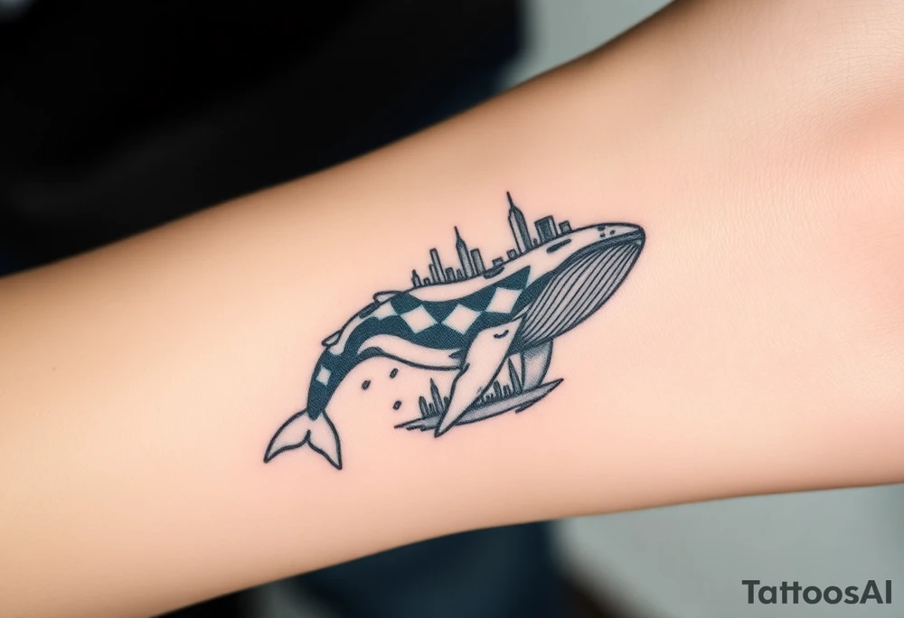 Blue whale flying above nyc tattoo idea