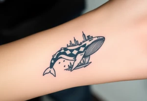 Blue whale flying above nyc tattoo idea
