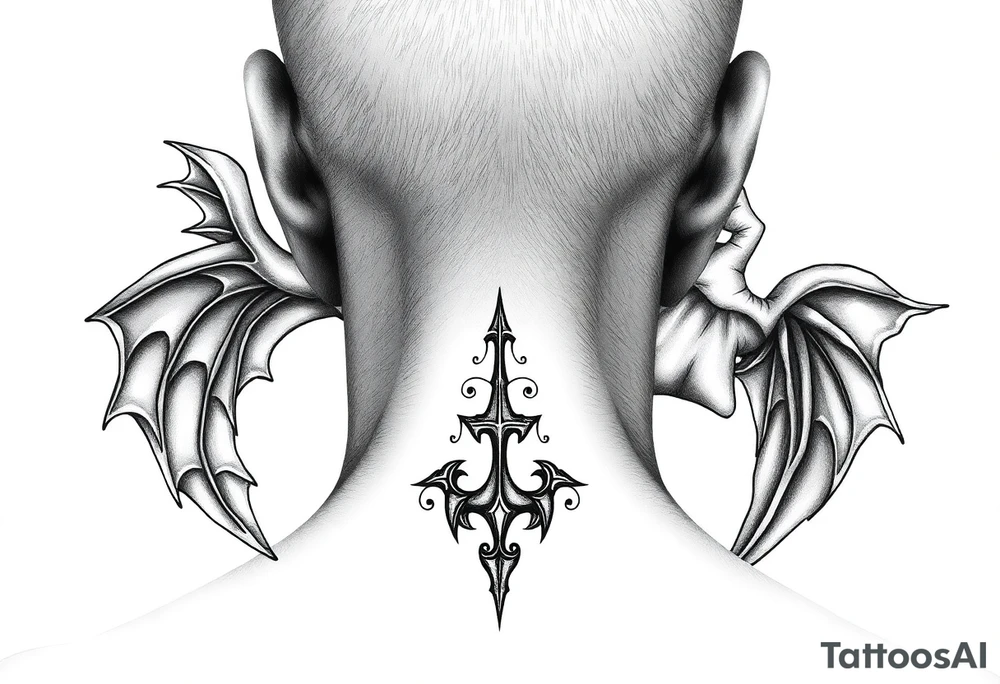 position behind the neck Angel (on the right) whispering in the right ear, demon (on the left) whispering in the left ear tattoo idea