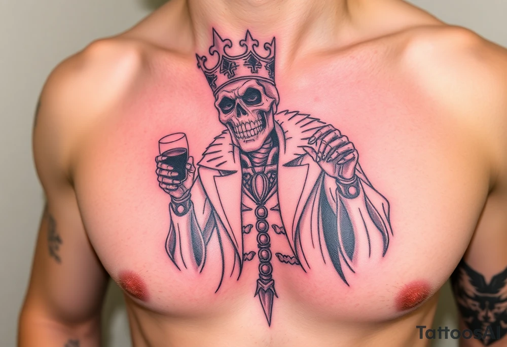 evil skeleton king in clothes having a good time getting drunk tattoo idea