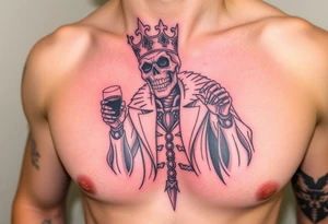evil skeleton king in clothes having a good time getting drunk tattoo idea