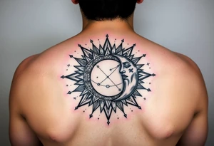 celestial sun and moon embrace with constellation patterns tattoo idea