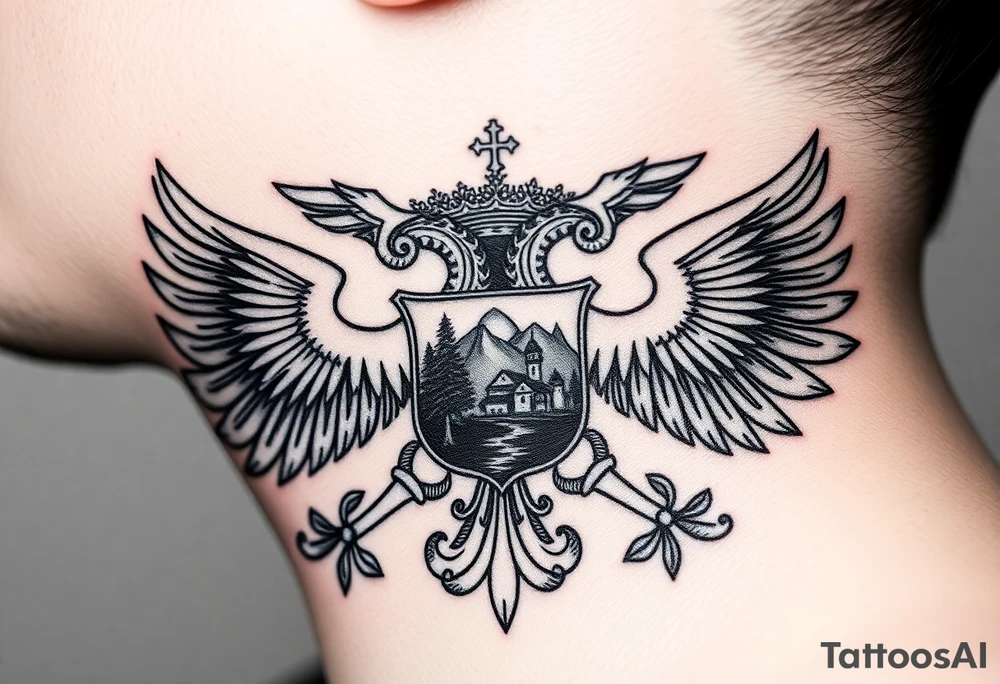 Traditional authentic Russian coat of arms with double headed eagle & a well shaded Christian orthodox virgin marry crest in the middle with silhouette of a lake in a Russian wilderness Christian orthodoxy dome church village setting on the side of my neck tattoo idea