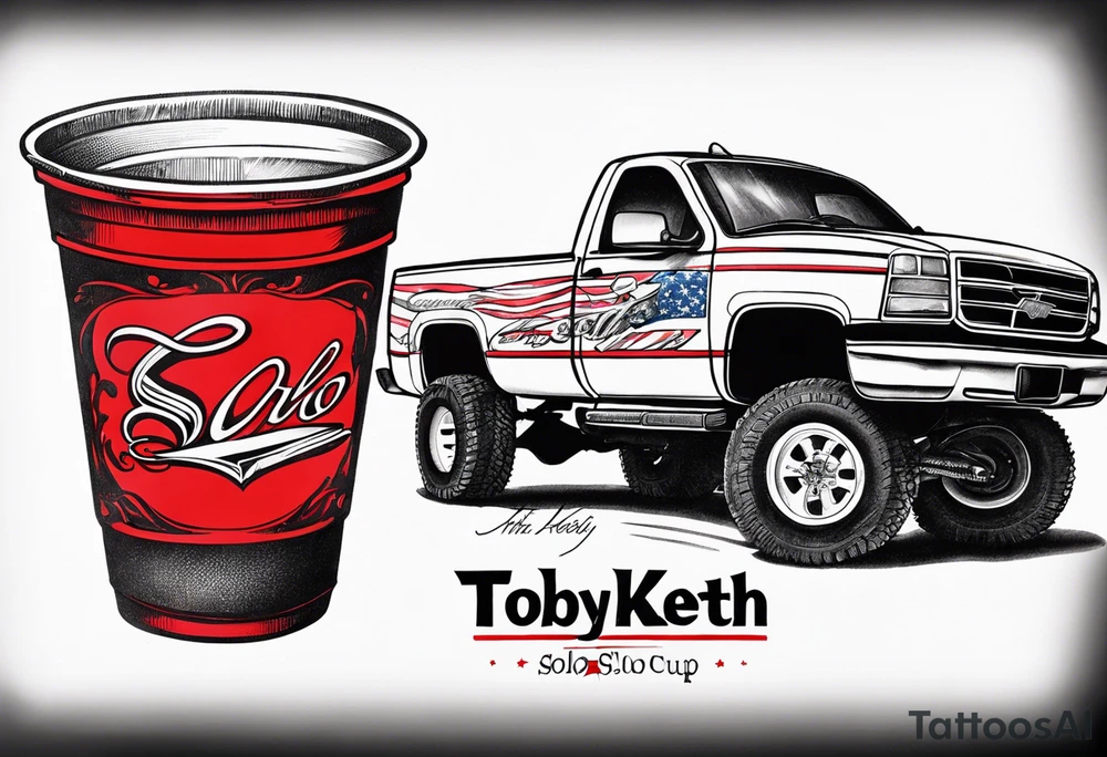 A red solo cup with “Toby Keith” written in Sharpie ink at the top tattoo idea
