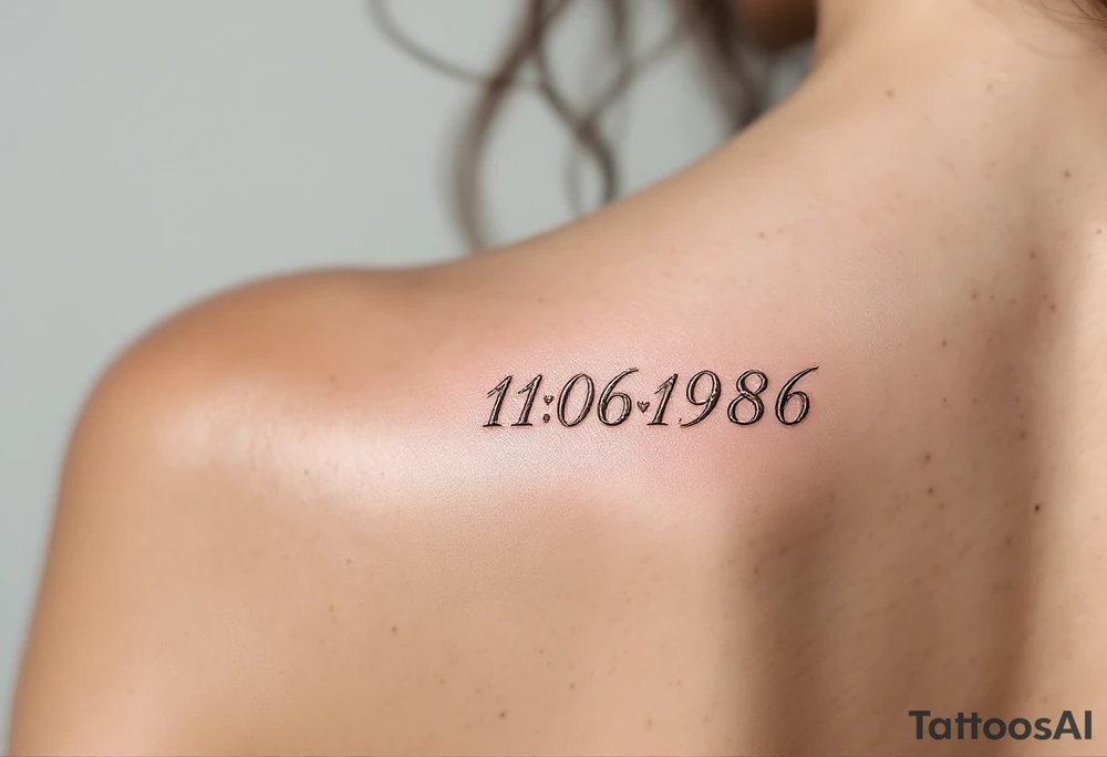 Feminine 11.06.1986 in cursive rose gold ink with a subtle heart between the day and month. tattoo idea