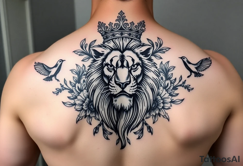 powerful majestic lion with a crown, surrounded by floral ornaments and birds tattoo idea