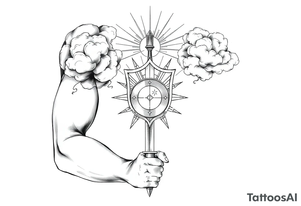 clouds, shield, sword, sun ray tattoo idea
