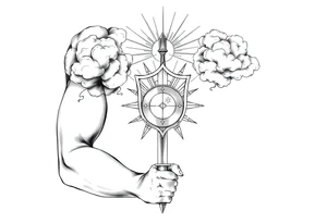 clouds, shield, sword, sun ray tattoo idea