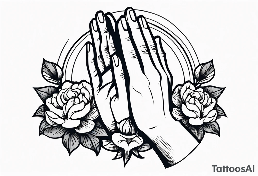 hands praying with flowers simple bold tradional old school style tattoo idea