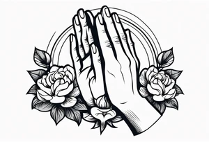 hands praying with flowers simple bold tradional old school style tattoo idea