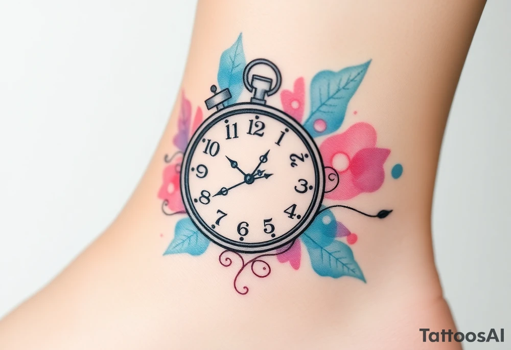 A delicate clock frozen at the baby’s birth time, surrounded by soft pastel blue and pink watercolor splashes, symbolizing the moment of arrival tattoo idea