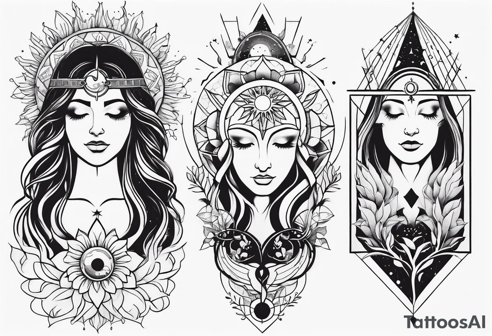 spiritual feminine tattoo for sleeve without faces, just sun and moon, tree of life and powerful symbols tattoo idea