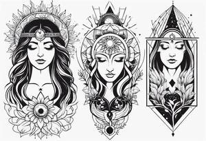 spiritual feminine tattoo for sleeve without faces, just sun and moon, tree of life and powerful symbols tattoo idea