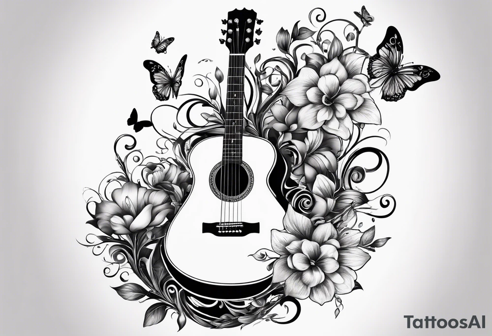 Guitar in shape of treble clef with flowers growing off the side, butterflies, small tattoo idea