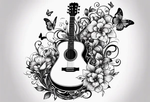 Guitar in shape of treble clef with flowers growing off the side, butterflies, small tattoo idea