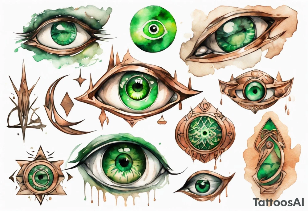 a copper and green eye-symbol tattoo idea