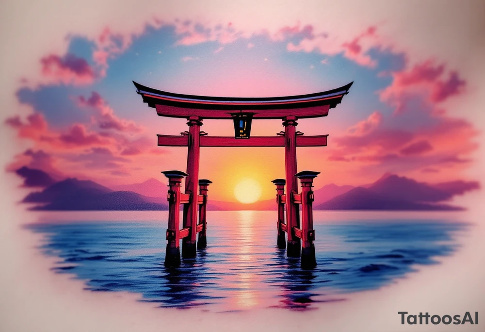 A red torii gate standing in shallow blue water under a pink and orange sunset sky. tattoo idea