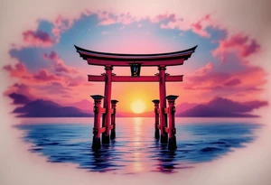A red torii gate standing in shallow blue water under a pink and orange sunset sky. tattoo idea