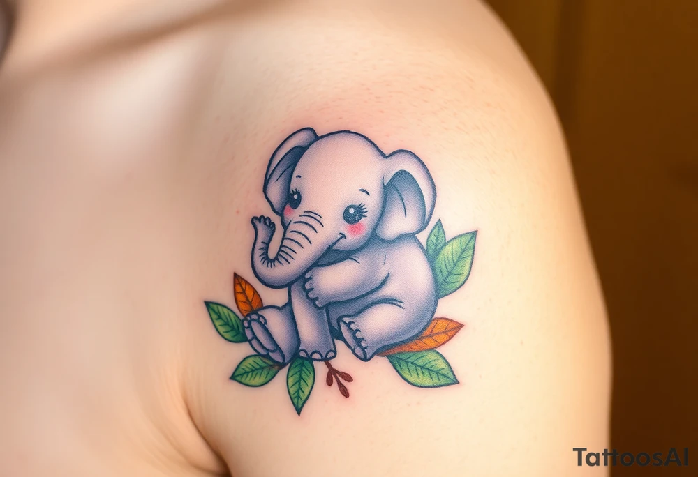 A baby elephant holding its elephant mother trunk, surrounded by soft green leaves and warm earth tones, symbolizing guidance and protection tattoo idea